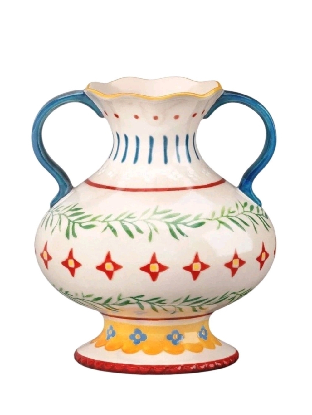 Threshold Painted Ceramic Vase in Cream With Red, Green And Yellow Painting